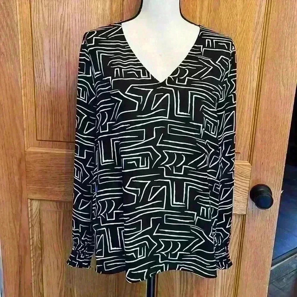 Worthington Tops - Worthington Black and White Smocked Cuff Long Sleeve V Neck Blouse Size L